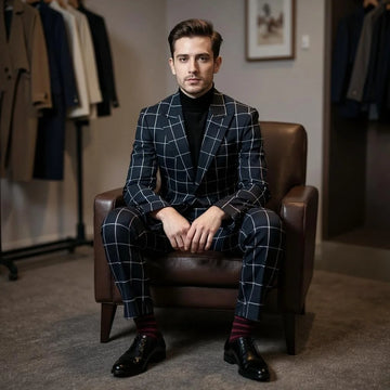 Check Formal Men's Suits for Wedding Plaid Groom Tuxedo Blazer with Pants 2 Pieces Peak Lapel Single Breasted Slim Fit Prom Suit