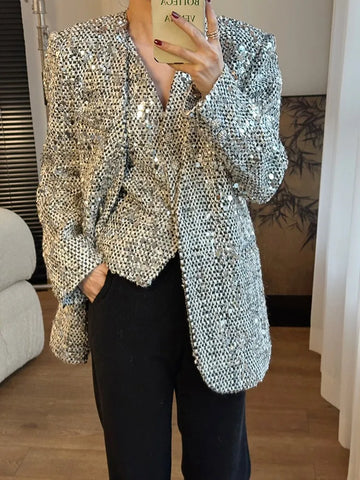Women Shiny Sequined Tweed Jacket Punk Style Stage Show Mid Long Blazer Suit Coat Loose Fit V Neck Party Outwear Jacket
