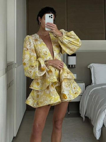 Elegant Print Ruffles Mini Dress Women Deep V Neck Long Sleeves A Line Dresses Female Spring New Fashion Fluffy Robe Lady