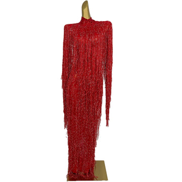Full Tassel Dress Long Sleeves Stretch Party Fringes Dress Women Singer Stage Performance Dress Dance Costumes