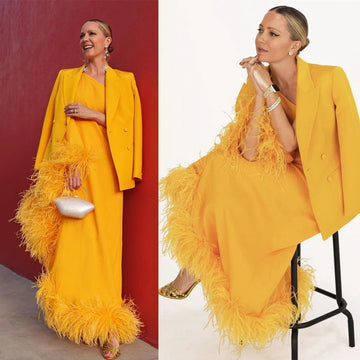 Nuevo diseño de trajes de mujer, 2 piezas, vestido de noche con plumas de un solo hombro y blazer, vestido de invitada de boda personalizado, traje de cóctel