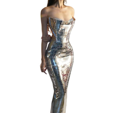 Women Stage Performance Costume Silver Sequins Rhinestone Fancy Outfit Sexy Backless Shiny Birthday Party Dresses