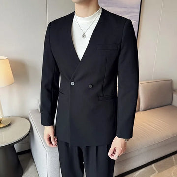 Stylish Men's Suit Coat Collarless V-Neck Solid High Quality Wear Style Slim Fit Blazer Jacket Male Black White Blue
