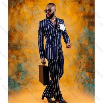 Fashion Navy Blue Stripe Single Breasted Men Suit Two Pieces(Jacket+Pants) Outfits Casual Party Prom Wedding Set