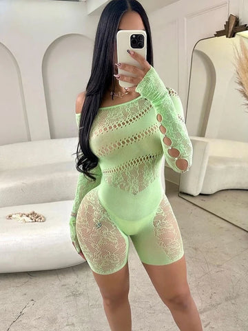 Off Shoulder Long Sleeve Playsuits for Women Party Clubwear High Stretch Hollow Out Rompers Sexy Sheer Shorts Jumpsuit