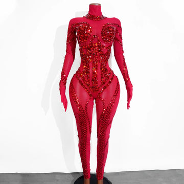 New Red Sexy Sparkle Full Crystal Mesh Jumpsuit Woman Luxury Sequin Dj Club Party Birthday Leotard Drag Queen Dance Outfits