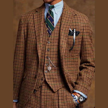 Vintage Suits Men Single Breasted Business Blazer Customized Houndstooth Plaid 3-Piece Man Daily Party Groom Tuxedo Dress