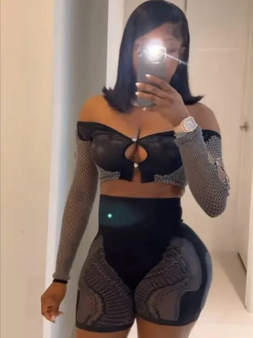 Hollow Off Shoulder 2 Piece Sets Woman Summer Long Sleeve Diamond Short Tops+High Waist Print Shorts Matching Suits