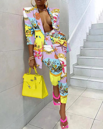 Conjunto de dos piezas estampado para mujer, blazer con muescas de manga larga y pantalón largo, elegante conjunto de blazer OL de 2 piezas