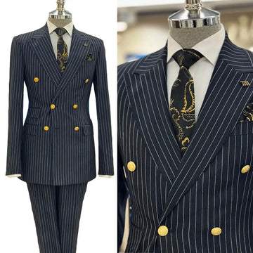 2 Pieces Classic Men Wedding Suits Peaked Lapel Pinstriped Double Breasted Tuxedos Groom Blazer with Pants Costume Homme