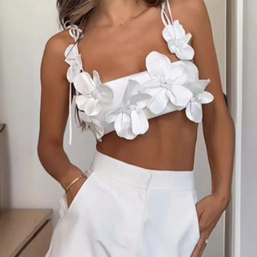 Fashion 3D Flower Spaghetti Strap Top Lace-up V-Neck Camisole Sleeveless New Sexy Crop Tops for Women