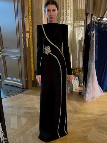 Newest Fashion Party Vestido Women's Formal Long Sleeve Diamonds Beading Long Maxi Dress