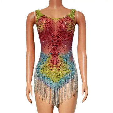 Sparkly Rhinestones Fringes Bodysuit for Women Sexy See Through Performance Dance Costume Singer Dancer Stage Wear