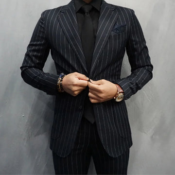 Black Striped Men Suits Single-Breasted Blazer Formal Business Office Wear Slim Fit Large Size/Daily Male Groom Jacket with Pant