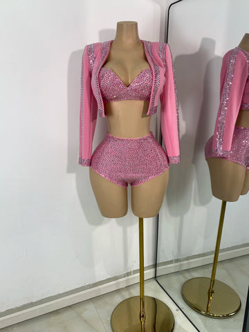 Women's Rhinestones Top Shorts Sets Nightclub Show Three Pieces Outfit Nightclub Performance Singer Dance Costume Stage Wear