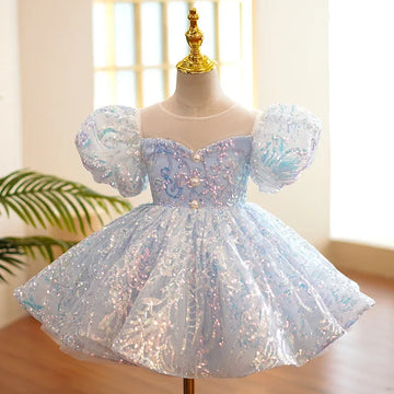 Robes de fête d'anniversaire pour enfants pour petite fille de 2 à 14 ans, robe de bal à paillettes, robes de luxe, robe de soirée formelle bleu ciel