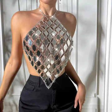 Fashionable Sexy Open-Back Halter Neck Tank Top Women's Acrylic Patchwork Strapless Tank Vest Fashionableins