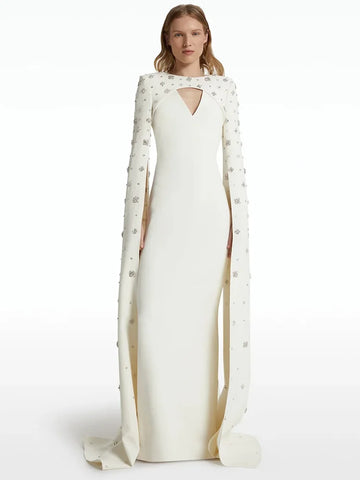Newest Vestido Women's Diamonds Beaded Cape Sleeve Floor Length Maxi Long Dress