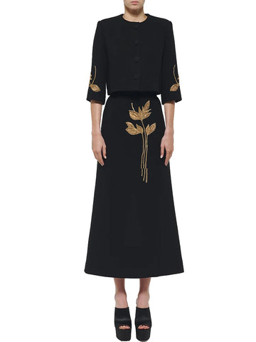 Newest Fashion Suit Set Women's 3/4 Sleeve Beaded Cropped Jacket Midi Skirt Suit 2pcs