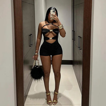 Shorts Street Sexy Babes Solid Color Hollow Sleeveless Neck Strap Jumpsuit Fashion Women's Spring and Summer New Arrivals