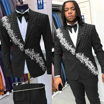 Luxury Men's Suits Crystals 2-Piece Single Breasted Blazer Peaked Lapel Formal Occasions Party Prom Customized Plus Size Tuxedo
