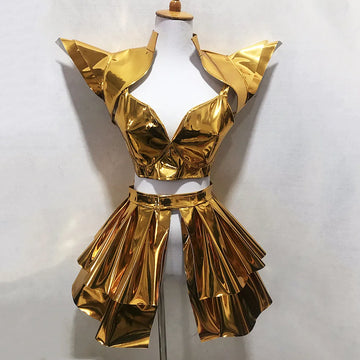 Gold Silver Laser Leather Armor Mini Skirt Dance Outfit Bar Nightclub Gogo Dancer Sexy Stage Wear Jazz Team Performance Costume
