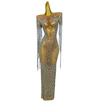 Perspective Shining Sparkly Crystal Tassel Sexy Women Long Dress Evening Party Club Clothing Stage Prom Costumes