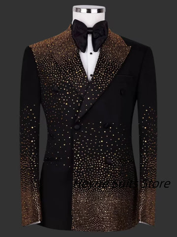 Elegant Golden Beads Men Suits Slim Fit Lapel Customized Groom Party Tuxedos 2 Pieces Sets Male Blazers Fashion Costumes Homme