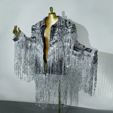 Sparkly Sequin Tassels Jacket Long Sleeve Silver Extra Large Coat Men Singer Show Costume Evening Dance Stage Celebrate Outfit