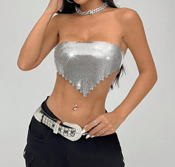 Chic Metal Sequins Party Tank Top for Women Sexy Backless Bandage Sleeveless Strapless Crop Top Fashion Nightclub Streetwear