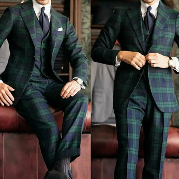 Plaid Classic Men Wedding Suits Notched Lapel Single Breasted Tuxedos Groom Party 3 Pcs Blazer Pants Vest Customized Made