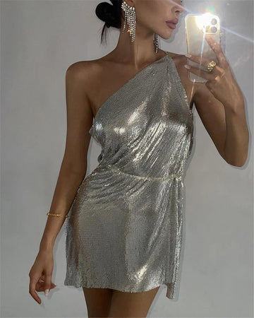 Glitter Metallic Sequins Mini Dress Sexy Backless Single Shoulder Side Split Dress for Women Rave Festival Party Evening Dresses