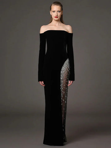 Newest Vestido Women's Diamonds Beaded Slash Neck Off The Shoulders Patchwork Gauze Long Maxi Dress