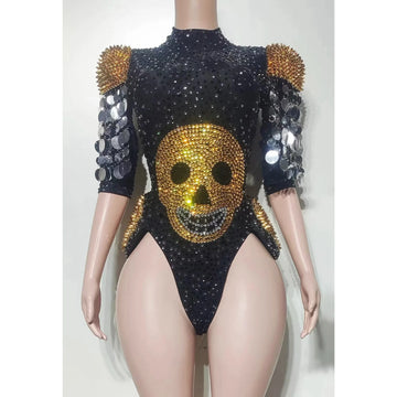 Gothic Glam Skull - Embellished Bodysuit - Sparkly Rhinestones and Spiked Shoulders, Ideal for Nightclubs and Themed Events