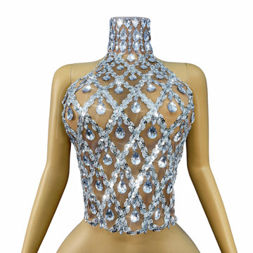 Nuevo Top de vendaje de malla transparente sexy con brillantes diamantes de imitación para mujer, ropa para fiestas, celebraciones, desfiles de moda, disfraz para escenario