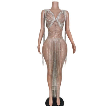 Luxurious Celebrate Birthday Evening Prom Dress Women Sparkly Diamonds Chains Sexy See Through Photography Show Wear