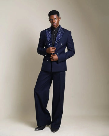 Navy Blue Men Suit Set 2 Piece Blazer+Pants Trousers Beaded Lapel Wedding Tuxedos Formal Office Jacket Prom Coat Customized