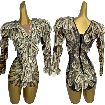 Spandex Feather Print Tight Fitting Elastic Bodysuit Night Party Outfit Festival Celebrate Stage Performance Catsuit Gig Wear