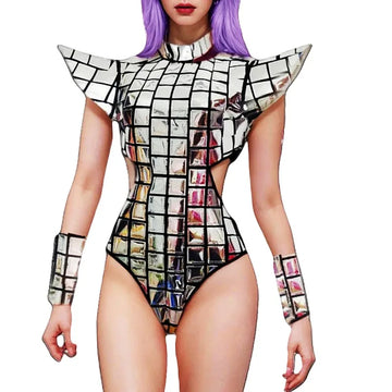 Body argenté à épaules dénudées et découpes laser pour femme, tenue de scène sexy, justaucorps pour danseuse, boîte de nuit, costume de drag queen