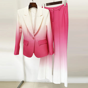 Designer Suit Set Women's Single Button Blazer Gradient Color Printed Flare Pants Suit 2pcs
