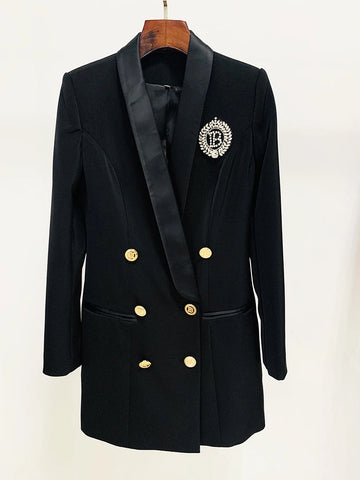 Newest Fashion Women's Metal Button Rhinestone Diamonds Beading Badge Shawl Collar Long Blazer