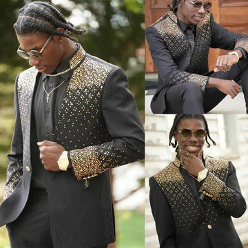 Luxury Men's Suits 2 Pieces Blazer Pants One Button Beads Wedding Groom Dinner Party Slim Fit Custom Made Plus Size