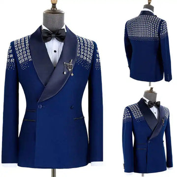 Handmade Beading Men Jacket Beaded Diamonds Double Breasted Prom Wedding Tuxedos Groom Wear Plus Size Costume Homme One Piece