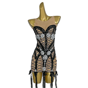 Sexy Transparent Rhinestones Black Sequins Bodycon Short Dress Women Party Celebriate Birthday Dress Show Stage Wear