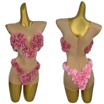 Pink Flower Sparkly Rhinestone Bodysuit Spandex Elastic Dance Tight Fitting Shorts Festival Celebrate Performance Party Outfit