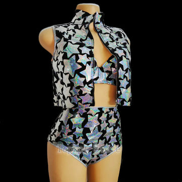 Conjunto de 3 piezas de traje de baile moderno de jazz para mujer, con lentejuelas láser y estrellas plateadas, chaleco y pantalones cortos, ideal para fiestas, bares, clubes y rave.
