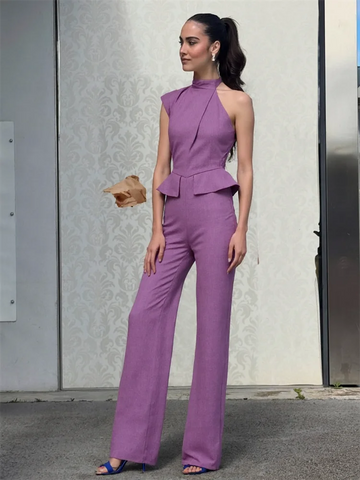Women's Jumpsuit Solid Halter Waist Cinching Sleeveless Fake Pockets Wide Leg Bodysuit Lady One Piece Summer Lady Streetwears