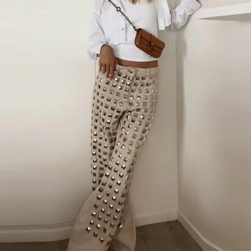 Vintage Rivet Denim Trousers Women Solid Low Waist Slim Straight Wide Leg Pants Spring Summer Lady High Street Jeans New