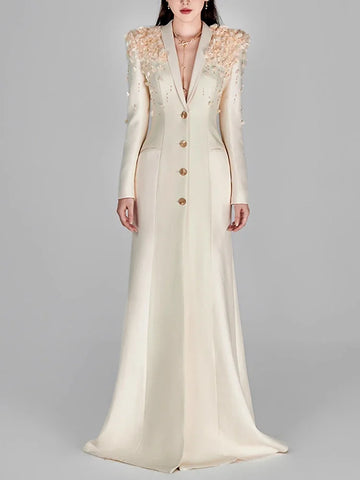 Designer Maxi Dresses Women's Long Sleeve Stunning Flowers Appliques Beaded Long Dress