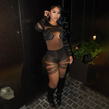 Women Sexy Striped Patchwork See Through Mesh Skinny Jumpsuits Fashion O-neck Long Sleeve Slim Peach Hips Midnight Club Rompers
